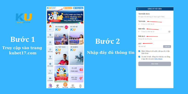 Giao diện đăng ký tài khoản KUBET